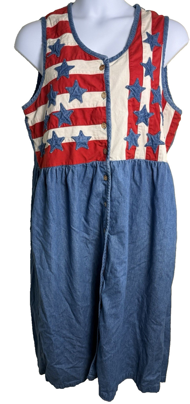 Eagle’s Eye Dress 1X American Flag Denim Dress Cottagecore Patriotic Coastal
